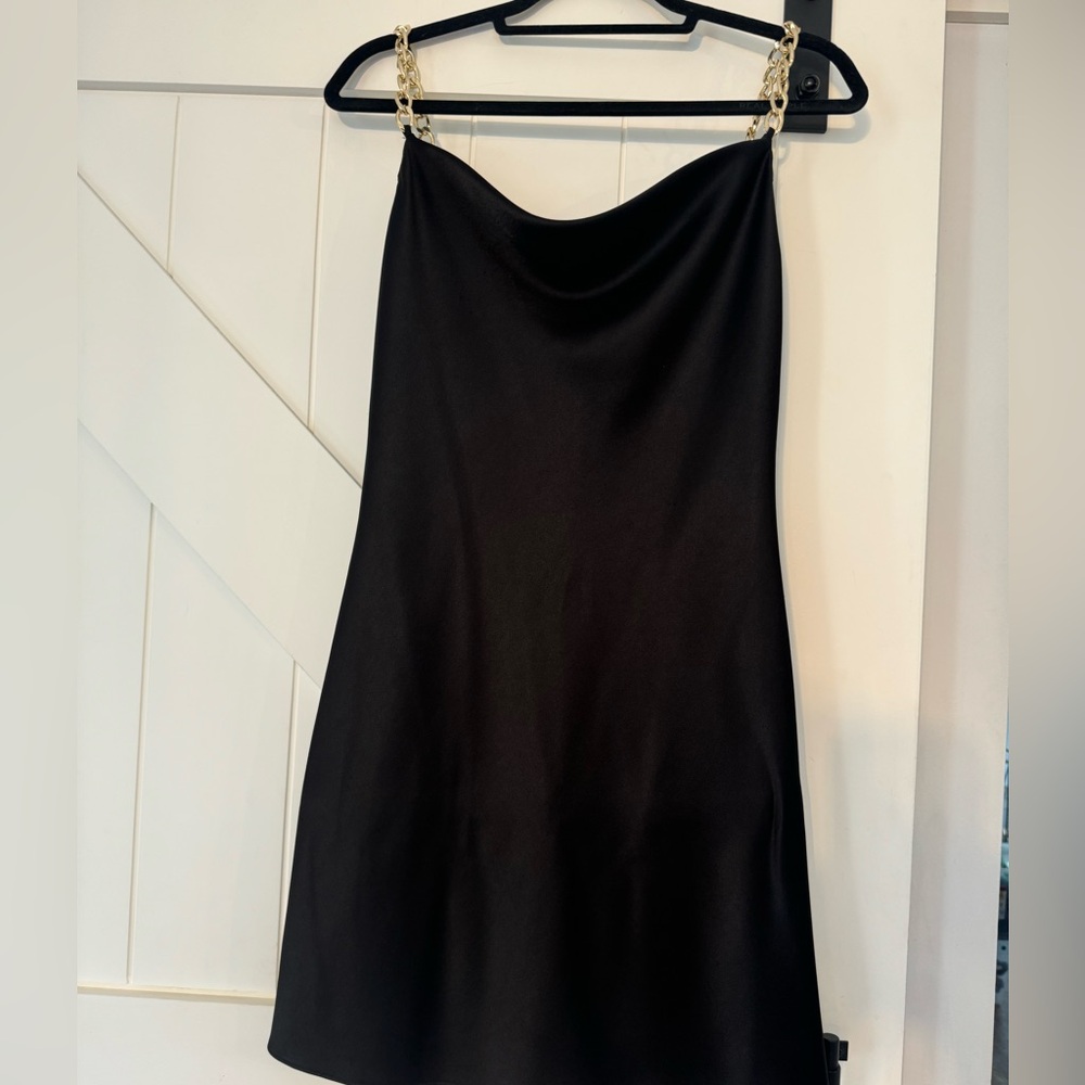 Alice + Olivia Black Mini Slip Dress with Gold Chain Straps - Picture 2 of 3